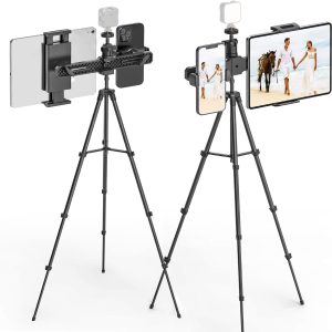 63-inch Tripod Stand for iPad & Phone, Height Adjustable Floor Stand Tablet Holder with 2 Holders, 360° Rotating Tripod Mount Stand for Live Streaming iPad Pro 12.9 Air Mini 4.7-12.9" Tablets mobiles