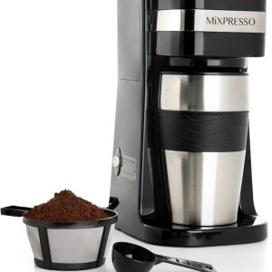 Mixpresso Personal Single Serve Coffee Maker & 14oz Travel Mug, Drip Small Coffee Maker & Tumbler, Auto Shut Off & Reusable Filter, Compatible with Coffee Grounds