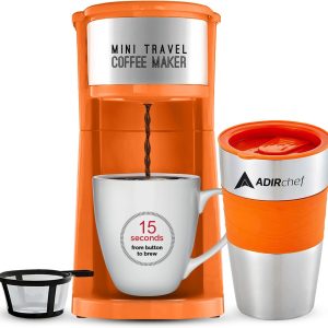 Single Serve Mini Travel Coffee Maker & 15 oz. Travel Mug Coffee Tumbler & Reusable Filter for Home, Office, Camping, Portable Small and Compact, Great for Fathers Day (Orange)