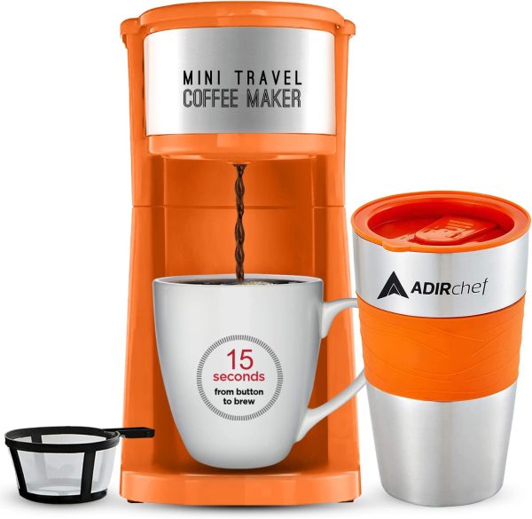 Single Serve Mini Travel Coffee Maker & 15 oz. Travel Mug Coffee Tumbler & Reusable Filter for Home, Office, Camping, Portable Small and Compact, Great for Fathers Day (Orange)
